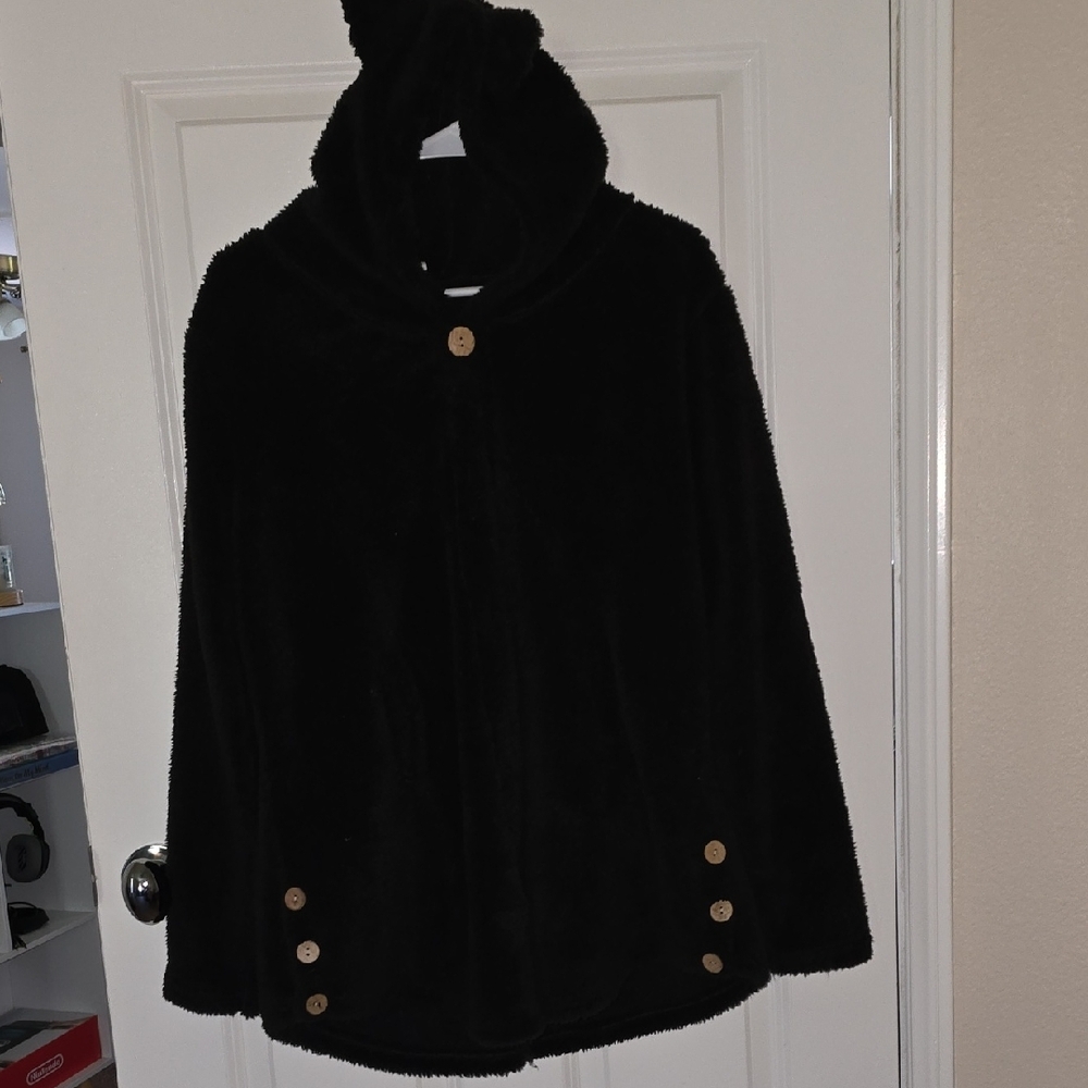 Black Hooded Cape with Gold Buttons